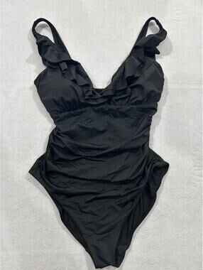 Lauren Ralph Lauren Swimsuit 10 Black Ruffled Tummy Control